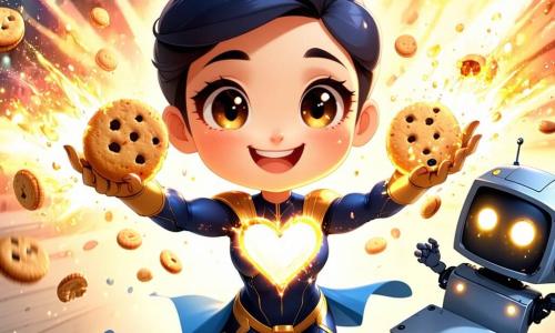 Una donna supereroina sorridente e coraggiosa, volto rotondo, occhi grandi e brillanti, capelli mossi blu scuro, tuta blu e oro con piccolo mantello e un cuore rosso‑arancione che emette una luce calda sul petto, alza le braccia e soffia una pioggia di luce dorata; a sinistra fluttua un piccolo robot postino quadrato in metallo chiaro con occhi LED tondi che tiene una scatola di biscotti, fa “beep” e osserva con stupore amichevole; un bambino di circa 5 anni, capelli castani corti, gioca con un grande barattolo di vetro vuoto a terra davanti alla donna, ride e indica la luce; la scena è in una città notturna morbida con casette colorate che brillano come stelle, lampioni rotondi spenti e cielo viola con una nube grigia di polvere spaziale: la donna soffia una luce calda che attrae la polvere in un vortice facendola cadere dolcemente nel barattolo tenuto dal bambino, atmosfera calma, amichevole e magica.