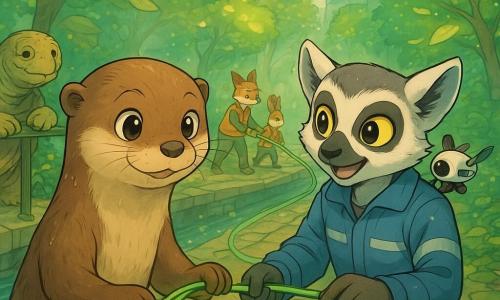 Milo, a young, careful otter with a soft face and big curious eyes, wet glossy brown fur, slightly smiling and focused, holds a glowing green cable and a leaf‑shaped tool as he connects the cable to a round panel on a small walkway above a canal; Jun, a lively-eyed lemur engineer in a gray‑blue jacket with reflective stripes, determined and enthusiastic, helps Milo by holding the other end of the cable with a drone perched on their shoulder; they stand side by side in the foreground. Auntie Nara, an old turtle with a weathered shell, watches proudly from a railing on the left, calm and kind. In the right background a small volunteer crew (fox, rabbit, badger) in light workwear installs green conduits, working attentively. The scene is a hidden garden alley between two futuristic towers: narrow path lined with luminous trees with flat translucent leaves glowing green‑gold, stone slabs studded with sparkling crystals, climbing ivy and floating flexible solar panels; soft light, humid atmosphere with glistening droplets. Action: a calm moment as they reconnect a 