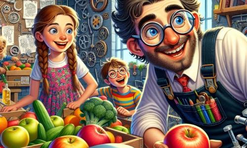 A cheerful man, Mr. Whiskers, is at the center of the image. He has round glasses that magnify his sparkling, curious eyes. With his tousled hair and colorful work shirt, he is attaching wheels to a large cart filled with fruits and vegetables. His face radiates excitement and enthusiasm. Next to him, an 8-year-old girl, Lily, with braided brown hair and a floral dress, points to a shiny wheel, her eyes filled with wonder. A 7-year-old boy, Ben, wearing glasses and a striped t-shirt, closely observes Mr. Whiskers' drawings, smiling. Max, a 6-year-old boy with messy blonde hair, sits on the cart, laughing and holding a red apple. The scene takes place in a colorful, chaotic workshop filled with gadgets, drawings on the walls, and light filtering through a large window. Tools are scattered on a wooden table, and shelves are loaded with mechanical parts. The main situation shows Mr. Whiskers and the children building the 