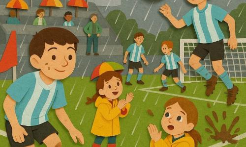 A young boy, about 13–15, round face with mud on his cheeks, calm focused expression and slight smile, wearing a sky-blue striped jersey and visible shin guards, leaning forward after sending the ball for a corner with a controlled gentle kick, muddy untied laces; his younger sister, about 9, brown hair in braids, in a yellow raincoat under a small colorful umbrella at the sideline, clapping in wonder; teammate Sam, about 14 with short red hair in the same jersey, jumping to head the ball toward the goal with mud on his knees just in front of the goal; coach Lina, in her forties with short grey-streaked hair in a green jacket, standing by the bench with hands on hips, smiling proudly; a neighborhood stadium in the rain with a shiny green pitch dotted with puddles, muddy white lines, simple stands with umbrellas and flags, grey cloudy sky and diagonal rain streaks; the decisive moment of a corner turned into a goal — the ball in the air center-frame, Sam mid-run and leap to score, the boy (Marco) in the background after his pass, his sister and the coach applauding, mud splashes around feet and faces showing joy and teamwork.