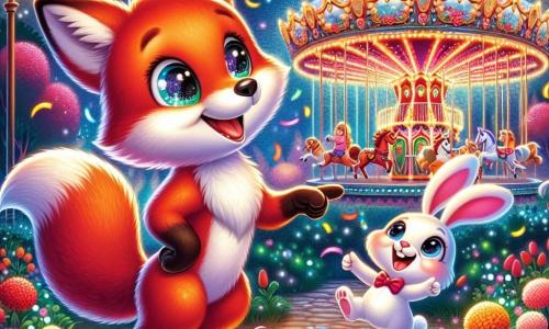 An illustration depicts a mischievous fox with bright red fur and sparkling curious eyes, standing on its hind legs with a big smile, gazing in wonder at a large colorful carousel. Next to it, a joyful rabbit with long floppy ears and white fur jumps enthusiastically, its face lit up with a bright smile as it points at the carousel, exclaiming with joy. In the background, a magical garden filled with luminous flowers and sparkling lights dances in the air. Colorful balloons float above the carnival visitors, adding a festive touch. The main scene shows the fox and rabbit, amazed by the carousel, ready to have fun together in a world of magic and happiness, with confetti gently falling around them and children's laughter resonating, creating a joyful and festive atmosphere.