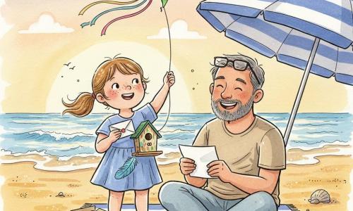10-year-old girl, round face with freckles, brown hair in a ponytail, bright smile and proud look; she holds a small folded envelope and a painted wooden bird, standing on a striped towel. Adult man, father around 38, male, short salt-and-pepper beard, faded t-shirt and reading glasses on his head; he gently laughs while reading the letter, seated on the edge of the towel beside the girl. Colorful pinwheel kite flies above them, string held by the girl, ribbons fluttering. Beach with golden sand, wide-striped umbrella, scattered shiny shells, gentle waves and a pastel sunset sky. Main scene: tender, joyful Father’s Day moment—daughter gives a letter and painted birdhouse, father reads emotionally, warm family atmosphere; visible details: small sunscreen drops on the nose, open sandwich box, blue feather glued to the birdhouse.