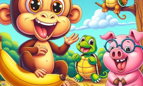 Um macaco alegre chamado Mico, com pelagem marrom e olhos brilhantes de travessura, está empoleirado em um galho de árvore, rindo alto enquanto segura uma grande banana. Ao lado dele, uma tartaruga chamada Tita, com uma carapaça verde e óculos no nariz, sorri levantando os braços, pronta para contar uma piada. Ao fundo, um porquinho travesso chamado Coquinho, com pelagem rosa e grandes orelhas divertidas, está sentado na grama, rindo de bom coração. A cena acontece em uma clareira ensolarada, cercada por árvores com folhas coloridas e flores vibrantes, onde uma pequena multidão de animais se reuniu, todos ansiosos para ouvir as histórias engraçadas. Mico, Tita e Coquinho estão no centro de uma competição de risadas, onde cada um tenta fazer os outros rirem com suas melhores piadas, criando uma atmosfera alegre e festiva.