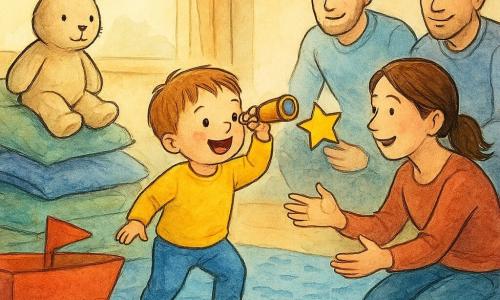 Ein fröhlicher, staunender zweijähriger Junge mit hellbraunen Haaren und runden Wangen hält einen Löffel als Fernglas und lacht, während er die 