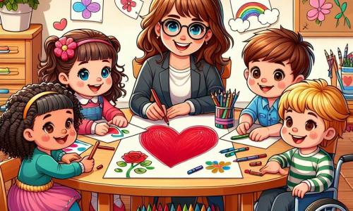 In un'aula luminosa e colorata, cinque bambini sono riuniti attorno a un grande tavolo di legno. Anna, una ragazza di 6 anni con capelli ricci e occhi azzurri, è seduta al centro, sorridente, mentre colora un grande cuore rosso sul suo biglietto. Sofia, una ragazza di 7 anni con capelli lunghi e lisci, disegna fiori colorati su un foglio, circondata da pastelli. Chiara, una ragazza di 6 anni con due codini biondi, è a destra di Anna e scrive un messaggio sul suo biglietto, concentrata e felice. Marco, un ragazzo di 6 anni con capelli castani disordinati, si trova a sinistra di Sofia e mostra orgogliosamente il suo biglietto ai compagni. La maestra Laura, una donna sorridente di circa 30 anni con capelli castani e occhiali, sta dietro ai bambini, incoraggiandoli con entusiasmo. L'aula è decorata con disegni appesi ai muri e festoni di carta colorata pendono dal soffitto. Sulla tavola ci sono pennarelli, forbici e glitter, creando un'atmosfera festosa. I bambini stanno creando le loro carte per la festa della mamma, pieni d'amore e risate, pronti a regalare le loro opere alle mamme.