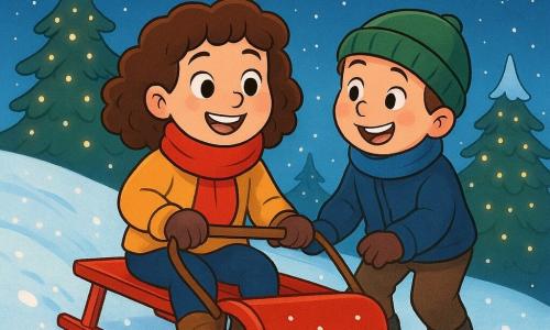 Ein 8-jähriges Mädchen namens Mara, mit braunen lockigen Haaren und einem roten Schal, lächelt freudig, während sie einen glänzenden roten Schlitten durch den funkelnden Schnee zieht. Neben ihr steht ein 8-jähriger Junge namens Tom, mit einer grünen Mütze und von der Kälte geröteten Wangen, der lacht, während er den Schlitten betrachtet. Sie befinden sich auf einem verschneiten Hügel, umgeben von Tannenbäumen, die mit kleinen goldenen Lichtern geschmückt sind. Der Himmel ist tiefblau und mit funkelnden Sternen übersät. Die Hauptszene zeigt Mara und Tom, wie sie den Schlitten für eine Abfahrt vorbereiten, während sanft Schneeflocken um sie herum fallen und eine magische, festliche Atmosphäre schaffen.
