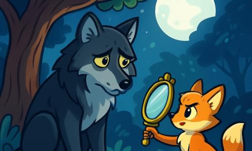 Un gran lobo de pelaje negro y plateado, con ojos amarillos brillantes, se encuentra en el centro de un claro, con una expresión triste y resignada. Mira a un pequeño zorro de pelaje dorado y ojos verdes llenos de curiosidad, que valientemente se sitúa frente a él, con una expresión decidida. El lobo está sentado bajo un gran roble de ramas nudosas, mientras que el zorro, ligeramente inclinado hacia adelante, parece dispuesto a ayudarlo. El lugar es un claro mágico en el bosque, bañado por la luz plateada de la luna, con sombras danzantes de los árboles circundantes y hojas brillantes. La situación principal muestra al lobo, que aunque es grande e imponente, es vulnerable, mientras que el zorro, pequeño pero valiente, le ofrece un antiguo espejo, símbolo de verdad y esperanza, listo para ayudarlo a enfrentar sus demonios internos.