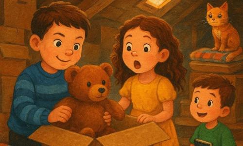 Een jongen van ongeveer 8 jaar, rond gezicht, kort kastanjebruin haar, vastberaden glimlachend in een blauw gestreept trui, opent een grote kartonnen doos en houdt een bruin teddybeer dicht tegen zijn borst; zijn zusje van ongeveer 5 jaar met lange krullende haren en een gele jurk staat naast hem met grote ogen en een hand op de doos, een ongeveer 6-jarige buurjongen in een groen T-shirt staat op de bovenste trede met een klein detectiveboekje terwijl hij bewonderend toekijkt; op de achtergrond zit een roodgestipte kat (Pippa) op een stapel dekens, oren gespitst; locatie: zolder met zichtbare houten balken, warm licht door een stoffig dakraam, gestapelde dozen en oude stoffen, licht versleten plankenvloer; sfeer: vrolijk en triomfantelijk moment van ontdekking, stofdeeltjes in de lucht, warme contrasterende kleuren en zichtbare texturen van hout, karton en vacht.