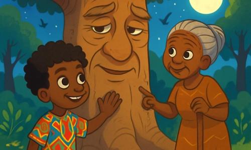 A young boy named Kofi, about 10 years old, stands in front of a huge baobab tree. He has curly hair and sparkling eyes filled with curiosity, and his face shows joyful determination. He wears a colorful tunic made of traditional fabric, adorned with vibrant patterns. Next to him is the wise Granny Abena, an elderly woman around 70 years old, with braided gray hair and a warm smile, guiding him along the way. She wears a long dress in earthy tones and holds a wooden staff. The setting is a moonlit clearing surrounded by majestic trees and bright flowers, with the ground covered in golden leaves and the air filled with the songs of night birds. Kofi, with a determined look, touches the trunk of the baobab, which begins to come to life, revealing a wise and ancient face. The scene captures the magical moment as Kofi prepares to listen to the baobab's advice to find the heart of the vanished river.