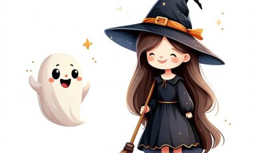 Una bambina di 6 anni, Sofia, con lunghi capelli castani e occhi brillanti di curiosità, indossa un costume da strega nero con un cappello a punta. Sorride con entusiasmo mentre tiene in mano una piccola scopa di legno, pronta a esplorare. Accanto a lei, un piccolo fantasma di nome Gigi, che fluttua gioiosamente, ha un volto amichevole e occhi rotondi, e sembra incoraggiarla ad andare avanti. Un po' più in là, un grande scheletro danzante, con un sorriso splendente e ossa bianche brillanti, li invita a unirsi a una danza divertente. La scena si svolge in un parco misterioso, illuminato da una luna piena che illumina gli alberi con foglie dorate e le ombre danzanti delle nuvole. Zucche sorridenti sono sparse sul terreno, aggiungendo un tocco festivo all'atmosfera. Sofia e Gigi si preparano a salire su un grande albero dalle branche nodose per raggiungere un sacco di caramelle d'oro scintillanti, mentre lo scheletro li osserva ridendo, creando un'atmosfera gioiosa e magica di Halloween.