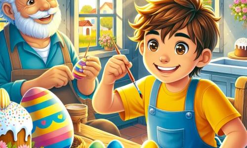 Un niño de 10 años, Miguel, con cabello castaño y ojos brillantes de alegría, está pintando huevos de Pascua coloridos en una mesa de madera rústica. Lleva una camiseta amarilla brillante y un delantal azul, sonriendo ampliamente, lleno de emoción. A su lado, su abuelo, Don Pedro, un hombre mayor con barba blanca y un sombrero de paja, lo observa con una sonrisa amable, sosteniendo un huevo pintado en su mano. Al fondo, su madre, Doña Clara, una mujer de unos cuarenta años con cabello castaño y una sonrisa cálida, prepara pasteles en la encimera de la cocina, decorada con colores pastel y decoraciones de Pascua. La escena tiene lugar en una encantadora cocina de campo, con ventanas que dejan entrar la luz del sol, flores coloridas en el alféizar y guirnaldas de papel colgadas del techo. Miguel está absorto en su tarea, rodeado de un ambiente festivo y creativo, listo para celebrar la Pascua con su familia.