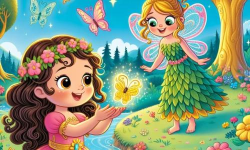 Una giovane ragazza, Lulù, con lunghi capelli ricci e un vestito rosa decorato con fiori, guarda meravigliata una farfalla dorata che brilla nella sua mano. I suoi occhi sono grandi e brillanti di gioia. Accanto a lei, una piccola fatina con ali scintillanti, di circa 10 anni, con un vestito verde fatto di foglie, sorride indicandole la strada verso il Regno delle Farfalle Luminescenti. La scena si svolge in una foresta incantata, dove alberi maestosi con tronchi dorati si ergono verso un cielo blu punteggiato di nuvole soffici, e fiori multicolori danzano al ritmo del vento. Lulù e la fatina si trovano sulla riva di un ruscello scintillante, pronte a tuffarsi nell'avventura magica che le attende.