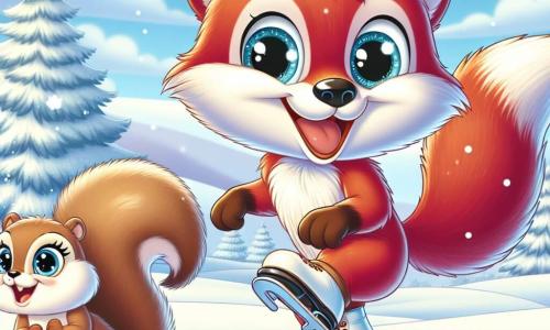 Un joven zorro de pelaje rojo brillante, con grandes ojos llenos de alegría, patina sobre un lago helado, riendo y divirtiéndose en la nieve. A su lado, una pequeña ardilla de ojos brillantes y cola tupida, con pelaje marrón claro, observa con una sonrisa alentadora. El paisaje es un encantador escenario invernal, con árboles majestuosos cubiertos de nieve brillante y suaves colinas de fondo. La escena principal muestra al zorro ayudando a su amiga a aprender a patinar sobre el hielo, encarnando el espíritu de camaradería y descubrimiento del invierno.