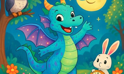 Lulú, uma dragonesa com escamas brilhantes de azul, verde e roxo, dança alegremente sob uma lua sorridente, com suas asas cintilantes abertas. Ela sorri muito e seus olhos brilham de excitação. Ao seu lado, Dona Corujilda, uma sábia coruja com penas cinzas e brancas, está empoleirada em um galho, observando admirada, com seus óculos redondos escorregando pelo bico. Um pouco mais longe, o Coelho Relógio, um pequeno coelho de pelagem branca e grandes orelhas, observa Lulú com um olhar encantado, segurando seu enorme relógio dourado que brilha sob a luz da lua. A cena acontece em um lindo vale encantado, repleto de flores coloridas que dançam ao vento e árvores majestosas cujas folhas brilham como estrelas. Lulú, cercada por seus amigos, celebra o último dia do Ramadã preparando um banquete alegre, onde risos e luzes preenchem o ar, criando uma atmosfera mágica e festiva.