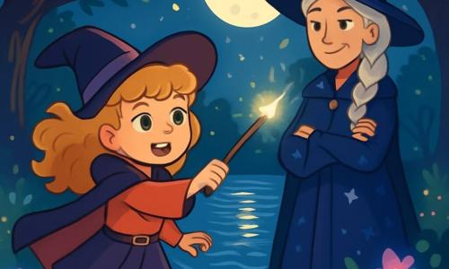 An 11-year-old girl named Lyra, an apprentice witch, stands by a shimmering lake under the moonlight. She has curly golden hair that gently floats in the wind, and her emerald eyes shine with excitement and determination. Holding a hawthorn wand, she is ready to cast a spell. Beside her is her mentor, the witch Elowen, a woman around 50 with a long silver braid and a starry cloak, observing with a proud smile and crossed arms. The scene is set in an enchanted clearing surrounded by tall, gnarled trees with shimmering leaves, and luminescent flowers illuminating the ground. The lake's surface reflects the stars, creating a magical and peaceful atmosphere. Full of courage, Lyra prepares to confront a guardian spirit protecting a mysterious crystal, while a light breeze makes the leaves dance around them.