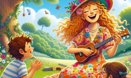 Melody, a cheerful woman with curly golden hair, wears a colorful hat and a bright floral dress. She smiles enthusiastically while playing a shiny ukulele. Ben, a 7-year-old boy with messy brown hair, sits on the grass, excitedly trying to play the ukulele. Next to him, Lily, a 6-year-old girl with long smooth hair in a pink dress, claps with a big smile, eager to sing with Melody. The scene takes place in a green park under a large oak tree, with colorful flowers swaying in the wind and a blue sky dotted with fluffy white clouds. Melody plays her ukulele, surrounded by children listening attentively, ready to sing together, creating an atmosphere of joy and camaraderie.