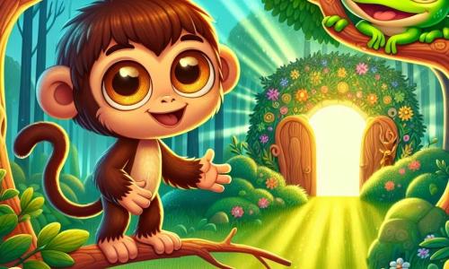 Un mic maimuțel pe nume Momo, cu blană brună și ochi strălucitori de curiozitate, stă în picioare pe o ramură, zâmbind larg, pregătit să exploreze pădurea magică. Lângă el, cea mai bună prietenă, Bella broasca, stă pe o frunză verde, cu pielea strălucitoare și ochii mari, cântând vesel. În fundal, o pădure fermecată se întinde, plină de copaci cu trunchiuri colorate, flori strălucitoare și animale prietenoase. Scena îi arată pe Momo și Bella descoperind o ușă mică ascunsă în iarbă, simbol al unei noi aventuri, în timp ce razele soarelui filtrează prin frunziș, creând o atmosferă magică și primitoare.