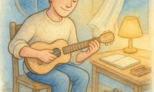 Een man van rond de dertig met een sereine, geconcentreerde glimlach, licht kastanjebruin rommelig haar, op blote voeten op een houten stoel, mouws opgerold, crème wollen trui, hij krabt op een lichte houten gitaar en tikt met een vinger tegen een houten tafelhoek; een kleine grijze muis met nieuwsgierige zwarte ogen bij de stoel luistert. Kleine warme slaapkamer met blond houten vloer, ronde raam met lichte gordijn dat beweegt in de avondbries, zachte gele lamp, open notitieboek en doos met houten instrumenten. Hoofdsituatie: hij componeert een wiegelied, intieme rustige sfeer, pastellicht (bleekblauw avondlicht en amber van de lamp), aquareltextuur en witte hoogtepunten op gitaar, raam en muisogen; driekwarts middelplan, centraal gekadreerd, pastelpalet (blauw, crème, amber, saliegroen).