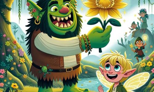 Un orco benevolo di nome Olmo, con la pelle verde e occhi brillanti, si trova ai margini di un misterioso stagno, circondato da fiori colorati. Sorride ampiamente, mostrando la sua gentilezza, mentre tiene in mano un magnifico Fiore della Luce dorato. Accanto a lui, un piccolo folletto di nome Pippino, un ragazzo dai capelli biondi e ali scintillanti, guarda Olmo con ammirazione, gli occhi spalancati di gioia. Si trovano entrambi in un paesaggio incantevole, dove la leggera nebbia danza attorno a loro, e gli alberi dai tronchi contorti sembrano sussurrare segreti. La scena principale mostra Olmo e Pippino che celebrano la loro vittoria dopo aver trovato il Fiore della Luce, pronti a continuare la loro avventura verso il Giardino delle Stelle.