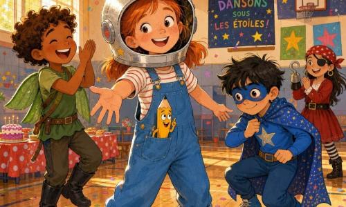 Clara, niña de unos 9 años de rostro redondo y pecas, sonríe confiada con un casco de astronauta hecho en cartón plateado, una peto azul y zapatillas rosas mientras invita a bailar; en su bolsillo asoma Paco, un pequeño lápiz amarillo vivo y travieso; a la izquierda Nico, niño de rizos y piel bronceada con alas verdes y botas negras, aplaude feliz; a la derecha Marcos, en traje de superhéroe azul y capa con puntos brillantes, está medio agachado y tímido; Eva, niña pirata con pañuelo y gancho de cartón, aplaude detrás; el gimnasio escolar luminoso, suelo de madera, guirnaldas y una mesa de pasteles; grupo multicultural de niños jugando y animándose entre risas, estrellas y confeti, colores vivos y texturas de papel.