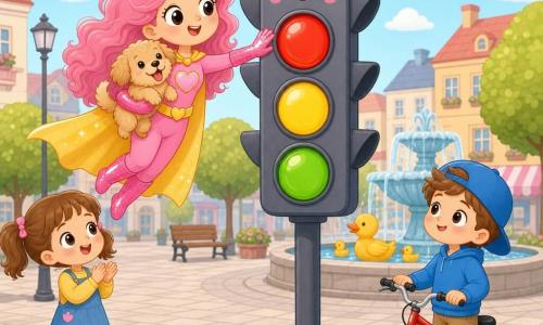 Una superheroína sonriente y segura, de pelo largo rizado rosa, capa amarilla brillante y guantes rosas, toca con una mano un gran semáforo kawaii con ojos y luces rojo, amarillo y verde saturadas mientras flota ligeramente; a su izquierda una niña de unos 6 años con coletas marrones aplaude, a la derecha un niño de unos 8 con gorra azul sostiene una bicicleta roja y mira el semáforo, la superheroína sostiene en brazos un perrito marrón claro con la lengua fuera; la plaza empedrada tiene bancos de madera, árboles redondeados y unos patos amarillos junto a una fuente circular; escena luminosa, colores vivos, trazos redondeados y contornos simples, ambiente alegre y seguro.