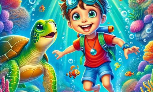 An 8-year-old boy, Oliver, with messy brown hair and diving goggles on his forehead, joyfully swims in a turquoise sea, his face shining with wonder and curiosity. He wears a red t-shirt and blue shorts, holding a small glowing fish in his hand. Next to him, an old green sea turtle, marked by time, swims slowly as if guiding Oliver toward an underwater adventure. A little further away, a wise octopus with colorful tentacles and bright eyes watches him from an underwater garden surrounded by vibrant corals and glowing stones. The setting is a beautiful coral reef, filled with colorful corals, shimmering fish, and rays of light filtering through the clear water. The scene is lively, with air bubbles rising around Oliver and marine creatures playing in the water. The main situation shows Oliver discovering a secret underwater garden, amazed by the beauty around him as he swims with the turtle while the octopus observes him with a kind smile.