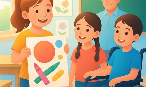 Serena, 8 anni, sorridente con codini, tiene un grande disegno colorato con forme tonde e pastelli a cera; Samuele, 8 anni, guarda ammaliato, capelli corti, seduto su una sedia a rotelle moderna blu vicino al banco davanti a Serena; Martina, 8 anni, con trecce, sorride accanto a Serena con la mano sullo schienale della sedia a rotelle; il maestro Luigi, sulla cinquantina con capelli sale e pepe, sorride benevolo davanti alla lavagna; aula luminosa con grandi finestre, pareti decorate, tavoli chiari e angolo con tappeto colorato; situazione: Serena mostra il disegno per accogliere Samuele, gesto aperto, atmosfera calda e inclusiva, espressioni tenere e colori vivaci.
