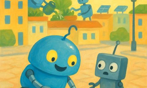 Zumi, un mic robot rotund şi lucios cu o antenă unduitoare, ochi rotunzi luminoşi şi roţi cromate, zâmbind, împinge uşor o pietricică cu o lăbuţă articulată; Bibu, un robot foarte mic dreptunghiular din metal mat cu ochi mari miraţi şi o antenă care se agită, stă puţin în spatele lui şi pare uşurat; în fundal, roboţi grădinari mai mari udă plante pe acoperişuri verzi în partea stângă; cartierul este o stradă largă în tonuri pastelate, pavată cu dale moi, clădiri joase cu grădini pe acoperiş, panouri solare şi stâlpi de iluminat rotunzi, cer limpede şi soare galben blând; scenă caldă şi luminoasă de ajutor tandru, Zumi ridică o piatră ca să elibereze roţile lui Bibu, compoziţie clară cu forme simple, culori vii, texturi gouache, trăsături moi şi contururi uşor neregulate, atmosferă primitoare.