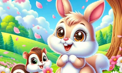 In the center of the image, Benny, a small rabbit with soft, fluffy light brown fur, sits joyfully under a majestic cherry blossom tree. His big, bright eyes express wonder as he admires the pink petals falling around him, creating a shower of flowers. Next to him, Daisy, a playful chipmunk with brown and white stripes on her back, smiles enthusiastically, holding a small flower in her front paws. She appears full of life and energy, ready to share this spring beauty with her friend. The setting is a beautiful green field dotted with colorful flowers, with a clear blue sky and fluffy clouds gently floating by. In the background, majestic trees and gentle hills add to the serenity of the landscape. The scene captures a moment of joy and wonder as Benny and Daisy marvel together at the beauty of spring, surrounded by the magic of awakening nature.