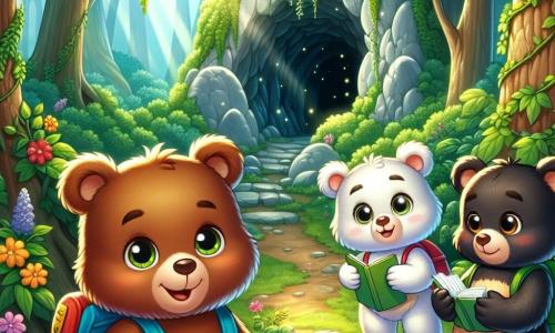 Ein junger Braunbär mit funkelnden Augen und strahlendem Lächeln, der einen bunten Rucksack trägt, steht vor einer geheimnisvollen Höhle in einem grünen Wald. Er wirkt aufgeregt und neugierig, bereit, diesen magischen Ort zu erkunden. Neben ihm steht eine weiße Bärin mit weichem Fell und leuchtenden Augen, die die Höhle bewundernd betrachtet und ansteckende Freude ausstrahlt. Ein weiterer junger Schwarzbär mit glänzendem Fell und agilen Pfoten macht sich Notizen in einem kleinen Notizbuch und zeigt einen konzentrierten und entschlossenen Gesichtsausdruck. 

Die Szene spielt sich in einem üppigen Wald ab, wo große Bäume mit leuchtenden Blättern eine dunkle Höhle umgeben, deren Eingang mit Lianen und bunten Blumen geschmückt ist. Sonnenstrahlen dringen durch das Blätterdach und erhellen den mit Wildblumen und funkelnden kleinen Steinen bedeckten Boden. 

Die drei Freunde stehen vor der Höhle, bereit, einen Schatz an alten Geschichten zu entdecken, ihre Herzen schlagen vor Aufregung bei dem Gedanken an die bevorstehenden Abenteuer.