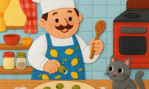 Chef Tom, smiling and cheerful with a round belly, fair skin and a thin mustache, wears a large white toque and a blue apron decorated with small yellow lemons; he holds a wooden spoon and gently pits olives with a small spoon, dropping them with a soft plop into beige, fluffy dough dotted with shiny green olives and flour on a light wood table. A curious gray kitten sits to the right, tail curled and watching, while a cozy kitchen of pale blue tiles, a red vintage oven, colorful ceramic bowls, jars of ingredients and a red-and-white check curtain bathing the room in warm light completes the scene.