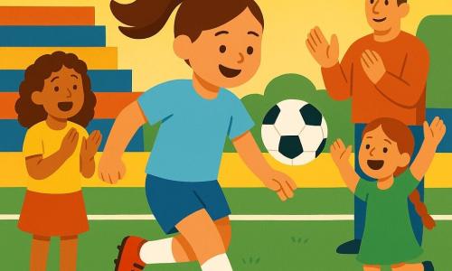 Clara, niña de 9 años, en el centro; feliz, sonriente y concentrada, coleta alta, ropa azul cielo y botas de fútbol rojas, dando el vigésimo toque: el balón blanco y negro justo sobre su pie derecho. Una amiga de ~9 años, pelo rizado y camiseta amarilla, aplaude de pie a la izquierda con rostro maravillado. Otra amiga de ~8 años, con trenza y ropa verde, salta de alegría a la derecha con las manos en alto. El entrenador, hombre de ~40 años con gorra, en un segundo plano aplaude orgulloso. La madre, mujer de ~35 años con vestido ligero, cerca de la puerta del pequeño estadio, sonriente. Lugar: campo de fútbol con césped verde texturado, líneas blancas nítidas y gradas en bloques rojos, azules y amarillos bajo un cielo dorado de atardecer con rayos suaves. Situación: momento de victoria sencillo y alegre: Clara cumple su reto, balón suspendido, amigos aplaudiendo, ambiente cálido y luminoso, composición clara y legible para niños pequeños.