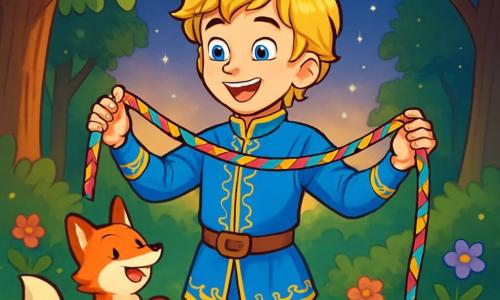 Ein junger Prinz, Leopold, etwa 12 Jahre alt, steht im Mittelpunkt der Szene, mit goldblonden Haaren, die in der Sonne glänzen, und einem staunenden Lächeln auf seinem Gesicht. Er trägt eine blaue Tunika mit goldenen Mustern, und seine Augen funkeln vor Aufregung, während er ein wunderschönes, farbenfrohes Seidenband in seinen Händen hält. Neben ihm springt ein kleiner, listiger Fuchs namens Finn, mit leuchtend orangefarbenem Fell und einem buschigen Schwanz, fröhlich um den Prinzen, seine schelmischen Augen leuchten vor Begeisterung. Die Szene spielt in einer verzauberten Lichtung, umgeben von hohen Bäumen mit strahlend grünen Blättern, und bunten Blumen, die den Boden bedecken. Ein sanfter Sonnenstrahl filtert durch die Äste und taucht die Lichtung in goldenes Licht. Prinz Leopold misst die Länge des Seidenbands, während funkelnde Sterne am dämmernden Himmel erscheinen und eine magische, märchenhafte Atmosphäre schaffen.