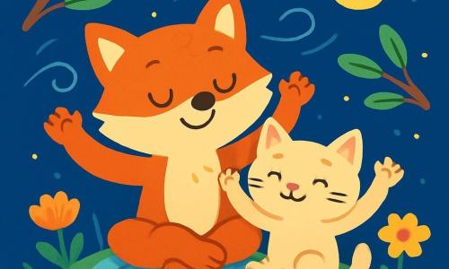 Ein kleiner Fuchs mit rotem, weichem Fell, großen glänzenden Augen und einem friedlichen Lächeln liegt auf einem flauschigen Kissen und atmet tief mit einem gelassenen Ausdruck ein. Neben ihm kuschelt sich ein kleines Kätzchen mit cremefarbenem Fell, funkelnden Augen und sanftem Schnurren an den Fuchs und zeigt einen Ausdruck von Ruhe und Glück. Die Szenerie ist ein friedlicher Erdhügel, umgeben von bunten Blumen und sanftem grünem Gras, unter einem sanft funkelnden Sternenhimmel. Die Szene spielt in einer beruhigenden nächtlichen Atmosphäre, in der der leichte Wind die Blätter der Bäume zum Tanzen bringt. Der kleine Fuchs und das Kätzchen praktizieren gemeinsam eine Zen-Atmung, heben die Arme wie Äste von Bäumen, während der Wind sie mit einer sanften Melodie umhüllt.
