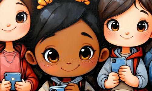 Vier kinderen in een moderne kerkzaal: Noor (12), bruin halflang haar met een lok, rond gezicht, natte ogen, zit vooraan links en druk op "play" op haar kleine telefoon; Layla (12), karamelhuid, zwarte paardenstaart, zachte blik, zit naast Noor met hand op haar schouder; Sam (13), blonde warrige haren, donker T-shirt en lichte jas, zit rechts van Noor met een doos zakdoeken open op zijn knieën; Puck (12), rood krullend haar, verlegen glimlach, staat achter de banken met een klein chocolaatje, de vier luisteren naar pianomuziek tijdens een sobere herdenkingsdienst in een crème zaal met lichte houten banken, een boeket witte lelies op een tafel rechts en een ingelijste foto van een oude vrouw op een lutrin achteraan, zachte pasteltinten, acrylachtige texturen, droevige maar getrooste gezichten.