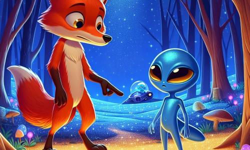 Zorrito, un joven zorro de pelaje rojo brillante y ojos llenos de curiosidad, se sostiene sobre sus patas traseras, observando con fascinación a una pequeña criatura extraterrestre. Xylo, el extraterrestre, es una pequeña criatura azul con grandes ojos dorados y piel lisa, mostrando una expresión de preocupación mientras examina su nave espacial dañada. El escenario se sitúa en un claro encantado, bañado por la luz plateada de la luna, rodeado de árboles con hojas brillantes y flores luminosas que iluminan el suelo. Zorrito y Xylo están juntos, Zorrito señalando un camino misterioso hacia una montaña lejana, mientras que Xylo, con un aire decidido, parece listo para aventurarse en busca del valioso mineral.