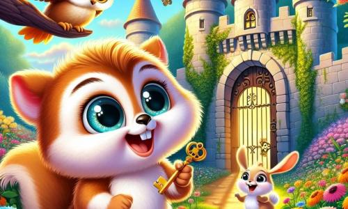 Fips, ein kleines, pelziges Tier, das einem Eichhörnchen ähnelt, mit einem breiten Lächeln und neugierigen, funkelnden Augen, steht vor einem alten Schloss, das von bunten Blumen überwuchert ist. Er dreht den goldenen Schlüssel im Schloss der großen Tür, mit einem Ausdruck von Aufregung und Vorfreude im Gesicht. Neben ihm sitzt Ella, eine weise Eule mit weichen Federn und runden Augen, die ermutigend schaut, während sie auf einem nahegelegenen Ast sitzt. Hopsi, ein kleiner Hase mit großen Ohren und weißem Fell, hüpft fröhlich umher, seine Augen strahlen vor Glück, während er eine Karotte in seinen Pfoten hält. Der Ort ist ein magischer Garten, gefüllt mit leuchtenden Blumen, schwirrenden Schmetterlingen und einem hellblauen Himmel, wo die Sonne sanft scheint und das alte Schloss beleuchtet, dessen Wände mit Efeu und wilden Blumen bedeckt sind. Die Hauptsituation zeigt Fips, Ella und Hopsi, die bereit sind, den verborgenen Schatz hinter der Tür des Schlosses zu entdecken, was ihren Mut und ihren Abenteuergeist symbolisiert.