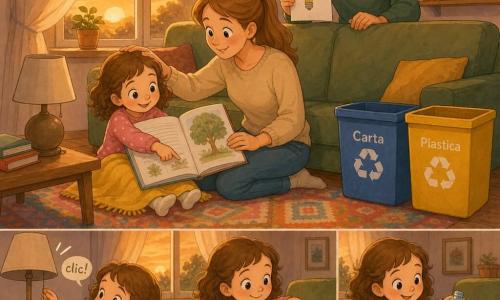 Bambina di 4 anni, gioiosa e concentrata, capelli castani ricci sopra le spalle, grandi occhi tondi, piccola coperta gialla sulle ginocchia, tiene un libro aperto e indica un'immagine di albero; mamma di circa 30 anni, sorridente e dolce, capelli castano chiaro raccolti in coda, seduta sul tappeto accanto alla bambina, le accarezza la testa; papà di circa 32 anni, sguardo benevolo, barba leggera, in piedi dietro il divano, tiene un disegno di una lampadina stilizzata; soggiorno caldo di sera con tappeto a motivi, finestra con tenda leggera e bagliore arancione del tramonto, piccola pianta sul davanzale e lampada spenta vicino al tavolino; due contenitori per il riciclo ben visibili etichettati 