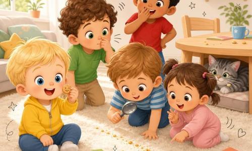 Ci sono 6 personaggi: Leo, 3 anni, biondo corto, occhi azzurri, giacca gialla, tiene un biscotto e sorride, in primo piano a sinistra; Teo, 3 anni, capelli castani ricci, maglietta verde, annusa curioso, accanto a Leo verso il centro; Sami, 3 anni, carnagione olivastra, capelli neri corti, maglietta rossa, ride con la mano sulla bocca, dietro Teo a destra; Nino, 3 anni, castano chiaro, maglietta a righe blu, inginocchiato sul tappeto al centro, tiene una cucchiaio usata come lente; Mia, 2 anni, capelli castani a codini, body rosa, seduta davanti a Nino, batte le mani e indica la scia di briciole; Pino il gatto, piccolo grigio tigrato con baffi bianchi e una briciola sul baffo, sdraiato sotto il tavolo dietro a destra con sguardo malizioso. Luogo: salotto luminoso con ampio tappeto crema, cubi colorati, un libro di animali aperto, tavolino in legno chiaro e sedia, luce morbida da una finestra a sinistra e alcuni giochi sparsi. Situazione: i bambini seguono una scia di briciole lucenti che va dal vassoio di biscotti sul tappeto fino al tavolo; Nino mostra la pista con la cucchiaio-lente, Mia indica felice e il gatto è sotto il tavolo vicino al biscotto caduto.