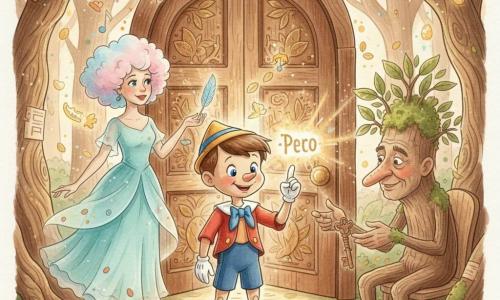 Pinocchio, un ragazzo di legno dal volto espressivo e sorriso malizioso, guarda meravigliato un piccolo nome luminoso appoggiato sulla punta del suo indice; la Fata Turchina, donna adulta dai capelli color zucchero filato e veste turchese traslucida, fluttua leggermente a sinistra tenendo una penna cantilenante che emette note visibili, sguardo benevolo; Ramiro, un vecchio ramo-albero antropomorfo dal volto rugoso coperto di muschio, porge una chiave di legno da destra con radici che formano un piccolo sedile; dietro Pinocchio si apre la grande porta dell'eco, massiccia in legno scuro intagliato con foglie e lettere dorate, socchiusa e da cui fuoriescono raggi di luce e piccoli nomi colorati; ambientazione nel Bosque dei Ricordi con tronchi che ondulano come pagine, tappeto di foglie dai toni caldi e lucciole come macchie d'oro; momento principale: istante magico e intimo in cui Pinocchio riceve il suo nome luminoso davanti alla porta incantata, atmosfera calda e dolce, palette acquerello pastello con tocchi d'oro, luce soffusa dalla porta.