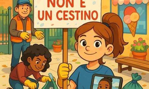 Una ragazza di 12 anni dal sorriso determinato, occhi vivaci e capelli castano chiaro legati in coda, con maglietta blu e guanti gialli tiene al centro del cortile un grande cartello dipinto a mano con la scritta "Il vento non è un cestino" in lettere rosse; accovacciata a sinistra la sua amica Nora, 12 anni, capelli neri ricci e sguardo malizioso, usa una pinza per raccogliere plastica in un sacco verde; sullo sfondo all'ingresso il signor Carlo, circa 50 anni, con viso sorridente, berretto e giubbotto arancione, porge guanti e supervisiona la raccolta; sulla piccola tavoletta tenuta dalla protagonista si vede in vignetta Amina, 12 anni, pelle mista e capelli raccolti, che sorride mostrando una spiaggia con un cartello simile; il cortile scolastico è luminoso con pavimento in cemento chiaro, panchina di legno consumata, griglia metallica verde, tombino rotondo, vasetti di fiori e un muro colorato dipinto con un ghiacciaio stilizzato; scena collettiva e gioiosa di bambini che puliscono, sacchi pieni di plastica e manifesti colorati; stile visivo 3D cartoon cel-shading, colori vivaci, texture semplici e ombre nette, composizione chiara con la ragazza col cartello in primo piano.