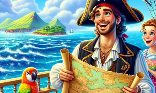 Un uomo, Capitan Leo, si erge orgogliosamente sul ponte della sua nave, La Balena Allegra. Indossa un grande cappello da pirata nero ornato di una piuma rossa, e il suo viso è illuminato da un ampio sorriso di eccitazione. I suoi occhi brillano di avventura, mentre tiene in mano una mappa antica, guardandola con meraviglia. Accanto a lui, un pappagallo colorato di nome Giovanni, con piume verdi e gialle, è posato sulla sua spalla, ridendo gioiosamente. Più in là, la cuoca Tina, una donna di circa 30 anni con capelli ricci e un grembiule a pois, prepara una grande torta di pesce su un tavolo di legno, osservando Leo con un sorriso incoraggiante. Il luogo è un magnifico oceano blu, punteggiato di onde scintillanti sotto un cielo soleggiato, con l'Isola delle Nuvole all'orizzonte, circondata da nebbie misteriose e montagne a forma di nuvole. La scena principale mostra Capitan Leo, entusiasta, mentre scopre la mappa del tesoro, mentre Giovanni fa piroette sulla sua spalla e Tina, divertita, lo incoraggia a partire per l'avventura.