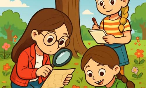 Hay 3 personajes: - Luna: una niña de 10 años con cabello largo castaño y gafas redondas. Lleva una chaqueta roja y pantalones de mezclilla. Está agachada, examinando un mapa con una lupa. - Marta: una niña de 10 años con cabello rubio trenzado y una sonrisa traviesa. Lleva una camiseta a rayas y una falda de mezclilla. Está de pie, sosteniendo un cuaderno y un lápiz, lista para anotar pistas. - Clara: una niña de 9 años con cabello castaño y trenzas. Lleva una camiseta verde y un short. Está sentada en el suelo, rodeada de hojas, cavando para encontrar una caja. El lugar es un parque soleado, con un gran roble en el centro, cuyas ramas extendidas ofrecen sombra. Alrededor, flores coloridas y niños jugando a lo lejos. El suelo está cubierto de hojas de otoño y pequeñas piedras, creando un ambiente vivo y acogedor. La situación principal muestra a las tres chicas en plena investigación, buscando una caja misteriosa enterrada bajo las hojas. Luna examina el mapa con atención, mientras Marta toma notas y Clara cava con entusiasmo, unidas en su búsqueda para resolver el misterio del tesoro perdido.