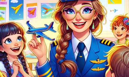 La capitana Lucía, una mujer sonriente de unos 30 años, lleva un uniforme de piloto azul brillante con galones dorados. Sus ojos brillan de emoción y orgullo mientras sostiene un pequeño avión de juguete en su mano. A su lado, Manuel, un niño de 10 años con gafas redondas y cabello castaño despeinado, levanta la mano con entusiasmo, listo para hacer una pregunta. Sofía, una niña de 9 años con largas trenzas y un vestido de flores, mira a Lucía con admiración, sosteniendo un avión de papel que acaba de hacer. La escena se desarrolla en un aula colorida, decorada con dibujos de aviones y nubes de papel colgadas del techo. Globos de fiesta flotan alrededor, creando un ambiente alegre y festivo. Lucía explica con pasión cómo convertirse en piloto, mientras los niños, sentados en círculo a su alrededor, ríen y se divierten imitando ruidos de aviones. La atmósfera está llena de curiosidad y sueños, cada uno imaginando ya sus propias aventuras en el cielo.