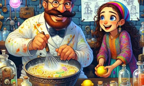 Un bărbat vesel, cu fața zâmbitoare și o mustață mare roșie, amestecă ingrediente într-un bol mare în atelierul său. Poartă un halat de inventator plin de pete de vopsea și ochelari rotunzi care îi alunecă de pe nas. Lângă el, o fetiță de 8 ani, cu părul lung și brunet și ochi strălucitori, observă cu uimire. Ea poartă o rochie colorată și ține o lămâie în mână, pregătită să o adauge la rețetă. Atelierul este plin de unelte strălucitoare, planuri de invenții atârnate pe pereți și sticle de toate culorile. Mașini ciudate și prototipuri sunt împrăștiate în jurul lor, creând o atmosferă magică și creativă. Scena ilustrează momentul în care bărbatul și fetița amestecă lămâile, apa și zahărul pentru a crea o limonadă. Bulele efervescente se ridică din bol, iar râsetele răsună în aer, ilustrând bucuria invenției și a prieteniei.