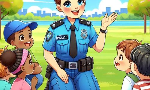 In het midden van de afbeelding zien we Lisa, een glimlachende politieagent van ongeveer 30 jaar, met bruin haar in een bun. Ze draagt een felblauw uniform met een riem vol veiligheidsaccessoires. Haar gezicht straalt vreugde en vriendelijkheid uit terwijl ze zich bukt om met een groep kinderen te praten. Tussen de kinderen is er een 8-jarig jongetje met een blauwe pet die zijn hand opsteekt om een vraag te stellen, en een 7-jarig meisje met een schattige roze haarband dat aandachtig luistert met verwonderde ogen. Ze staan rondom Lisa op een groot grasveld. De achtergrond toont een zonnig park met groene bomen en kleurrijke bloemen die leven aan de scène toevoegen. In de verte is een helderblauwe lucht met enkele donzige witte wolken te zien. De hoofdactie toont Lisa die de kinderen het belang van verkeersveiligheid uitlegt terwijl ze een spel spelen waarin ze veilig de straat moeten oversteken, met grappige gebaren en gelach.