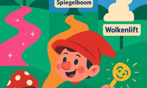 Lutje Ludo, een vrolijk en nieuwsgierig kabouterjongetje met een scheef grote rode muts, ronde neus, roze wangen en puntlaarzen, houdt een glimlachende, gouden Maanmolensleutel vast die boven zijn hand zweeft en lichttjes fonkelt; hij wijst naar drie paden: links de Suikersloot, een kleverige roze rivier; in het midden de weg naar de Spiegelboom, een groot boom met spiegelende bladeren; rechts de Wolkenlift, een helling van witte wolken als een vaporig liftje. Naast Ludo staat een klein sockenpaddenstoeltje met verbaasde ogen dat achteruitschrikt. Sfeervol, kleurrijk en speels, eenvoudige vormen en een lichte, avontuurlijke stemming, Ludo op de voorgrond.