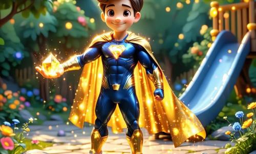 Um super-herói sorridente, rosto redondo e acolhedor, capa dourada brilhante como o sol e traje azul-claro, está no centro do pátio oferecendo uma pequena pedra luminosa; um menino de cerca de 8 anos, cabelos castanhos curtos, de expressão maravilhada, segura a pedra junto ao pé do escorregador metálico; uma menina de ~6 anos, de duas tranças, aplaude saltitando ao lado de um balanço; outro menino de ~7 anos, de óculos redondos, surpreso, está sentado num carrossel que gira lentamente atrás deles; o pátio escolar é colorido com piso de borracha vermelho e verde, paredes com pequenas flores, céu azul com algumas nuvens e um raio de luz dourada incidindo sobre a pedra — cena alegre, luminosa e segura, com cores vivas e contrastes suaves.