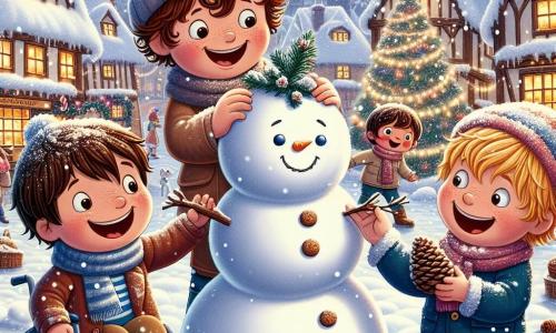 In a snowy village, four boys stand together, surrounded by sparkling snowflakes. Oliver, a seven-year-old with curly hair and a big smile, is in the center holding a snowball. To his right, Leo, a slightly taller boy with blonde hair and glasses, laughs while rolling a huge snowball. On the left, Max, a boy with brown hair and rosy cheeks, places a branch on top of their large snowman. Finally, Finn, a boy with chestnut hair in a wheelchair, joyfully smiles while holding pine cones for the snowman's buttons. The setting is the charming village of Twinkleton, with wooden houses decorated with lights and a large illuminated Christmas tree in the town square. Snow covers the ground and rooftops, creating a magical and festive atmosphere as children play and laugh around them. The four friends are building the biggest snowman in Twinkleton, filled with laughter and bright smiles, ready for an unforgettable Christmas adventure.
