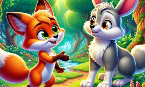 En el centro de la imagen, Rolo, un pequeño zorro de pelaje naranja brillante y cola esponjosa, se encuentra valientemente frente a Lupo, el gran lobo de pelaje gris y ojos brillantes, que expresa sorpresa y curiosidad. Rolo sonríe amigablemente, con las orejas erguidas, mientras extiende una pata hacia Lupo, invitándolo a unirse a él. Junto a Rolo, Rita, una pequeña coneja blanca con grandes orejas y ojos brillantes, mira a Lupo con una expresión alentadora, lista para apoyar a su amigo. El escenario es un claro verde en el bosque encantado, rodeado de majestuosos árboles de hojas verdes brillantes, con flores coloridas en el suelo y un arroyo que serpentea por la escena. La situación principal muestra a Rolo y sus amigos extendiendo la mano hacia Lupo, su nuevo amigo, para mostrarle que no necesita tener miedo, creando una atmósfera cálida y acogedora en este lugar mágico.